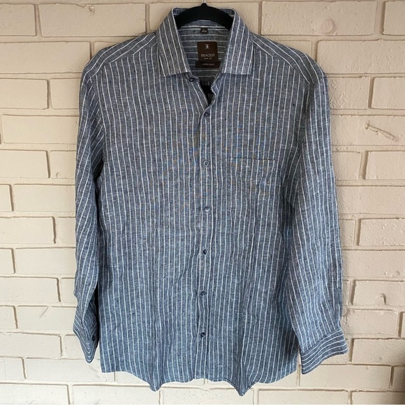 benzer Other - Benzer Men’s Gray Striped Slim Fit Long Sleeve 100% Linen Button Up Shirt Size L